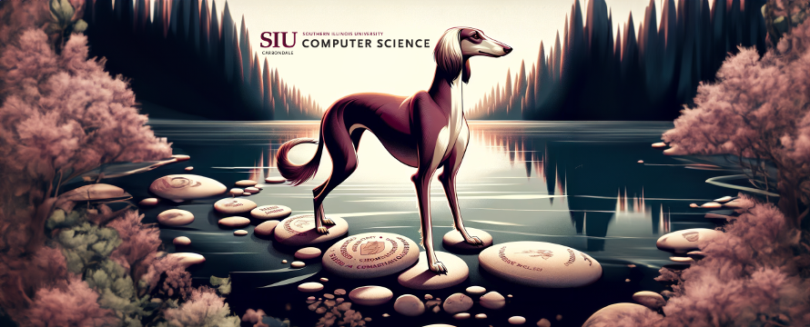 school of computing image with a saluki standing on rocks in a lake