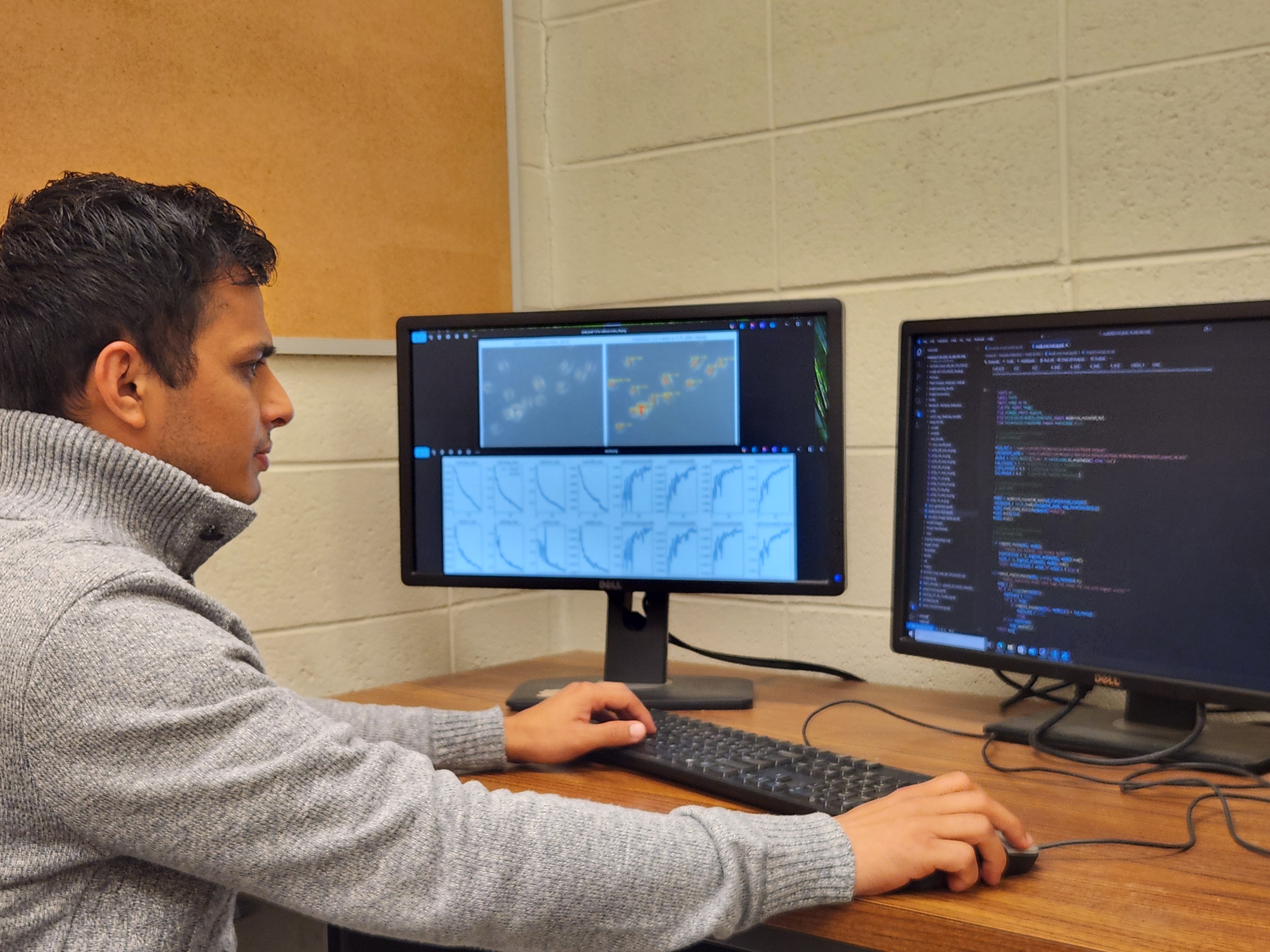 Graduate researcher using microscopy and AI tools for Salmonella detection